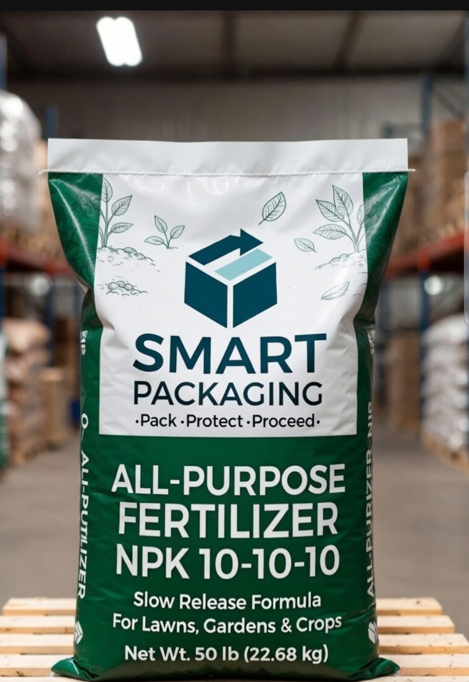 Concept design: 50 pound printed fertilizer bag on a pallet