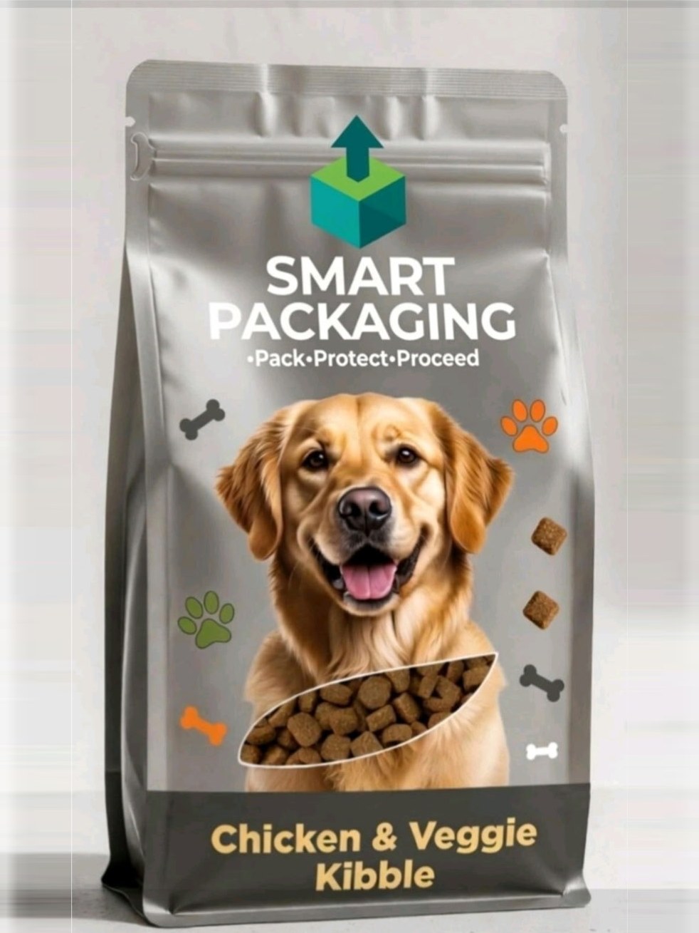 Concept design: printed stand-up pouch for chicken and veggie dog kibble